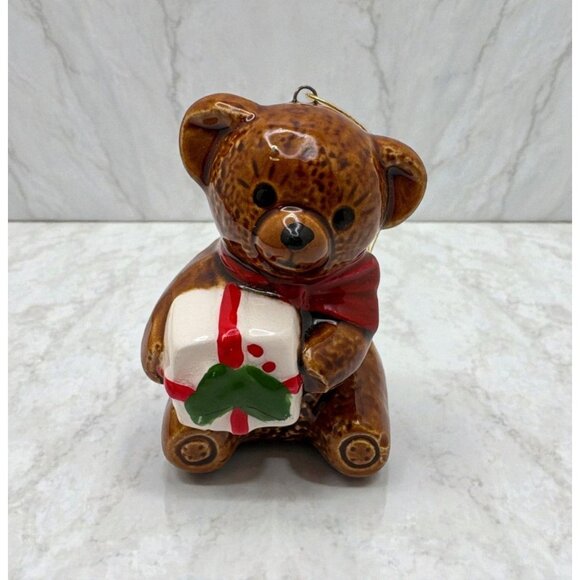 Teddy Bear with Gift Christmas Tree Ornament Brown Glaze Vintage Japan - Picture 1 of 8